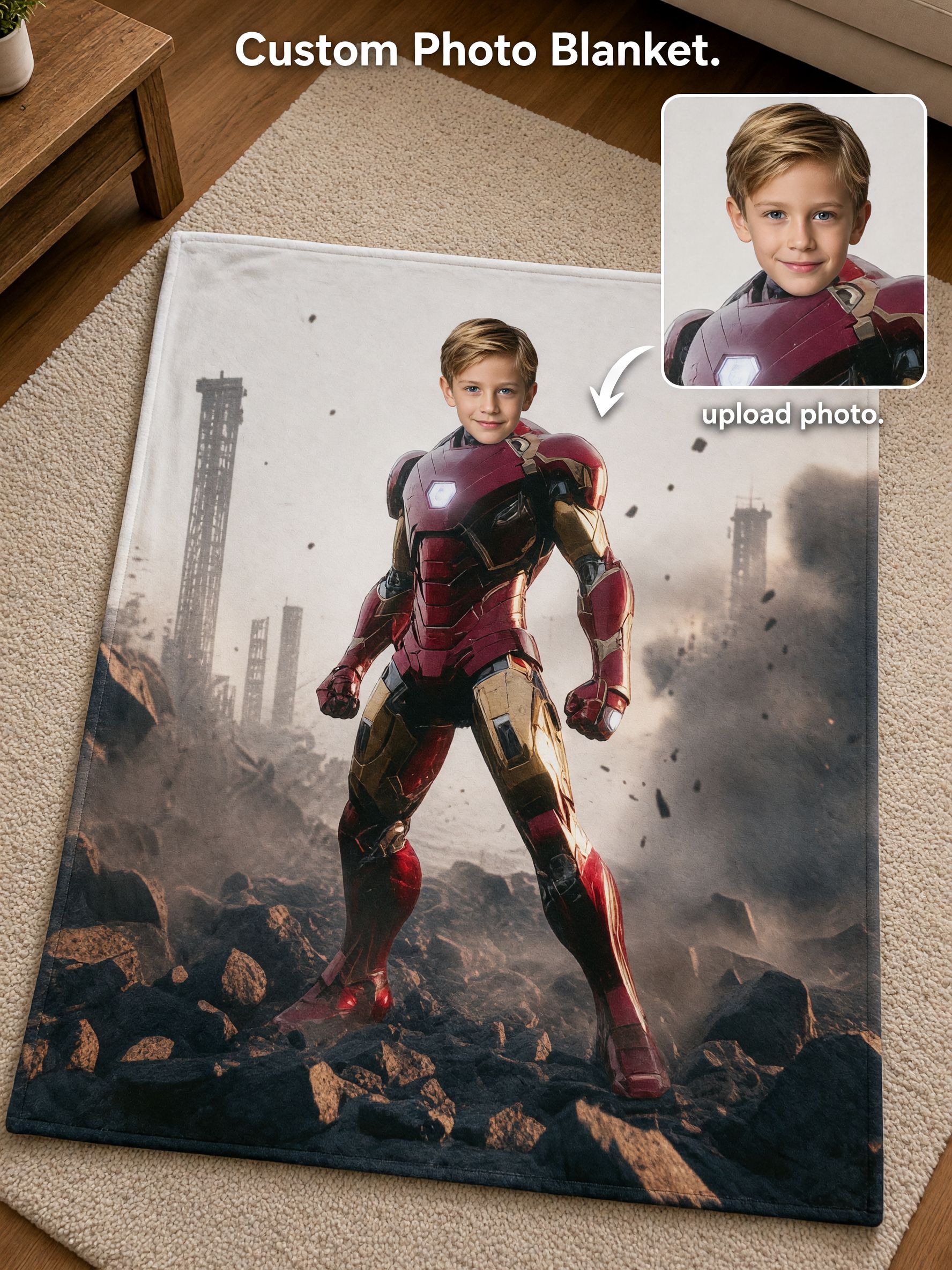 Custom Face Superhero Flannel Blanket, Personalized Photo Armored Hero Plush Throw for Bed Couch, Cozy Unique Gift