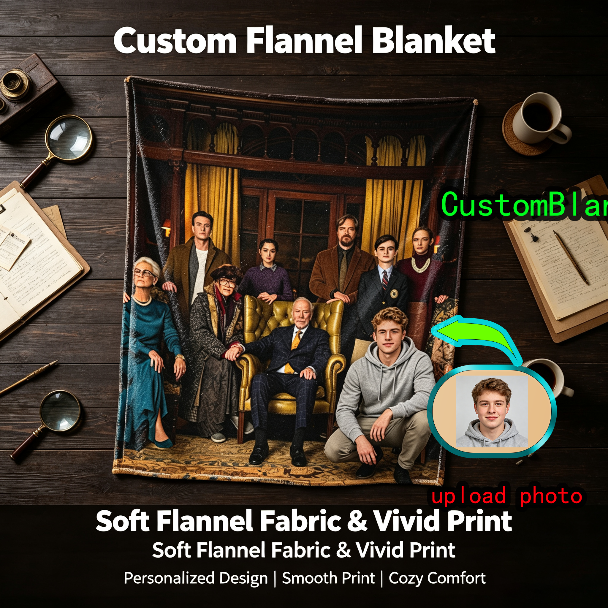 Custom Face Blanket Family Portrait Vintage Style Flannel Blanket Cozy Living Room Decor Gift for Relatives and Friends