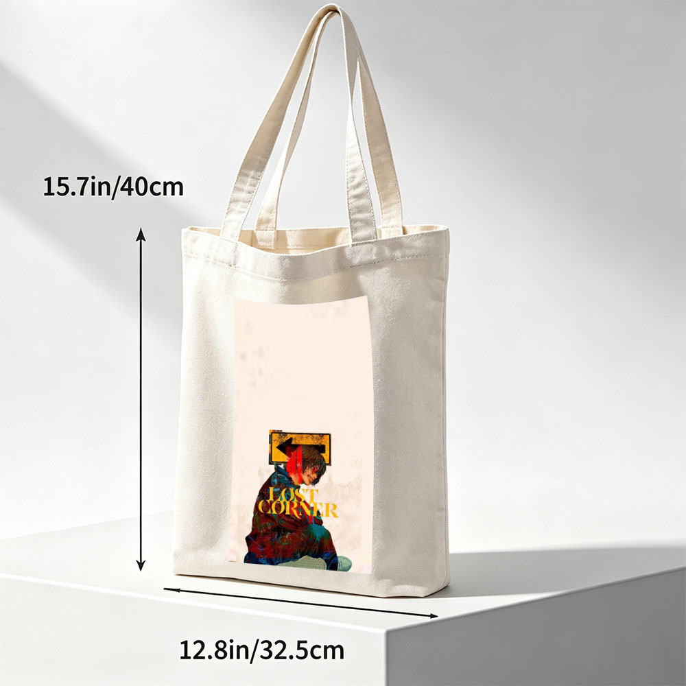 Lost Corner Artist in Colorful Jacket with Arrow Sign and Text Overlay - Canvas tote bags