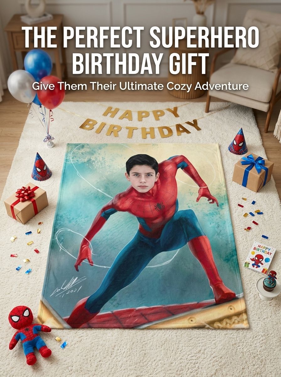 Custom Photo Face Superhero Flannel Blanket, Personalized Soft Fleece Throw for Bed Couch, Cozy Unique Keepsake Gift