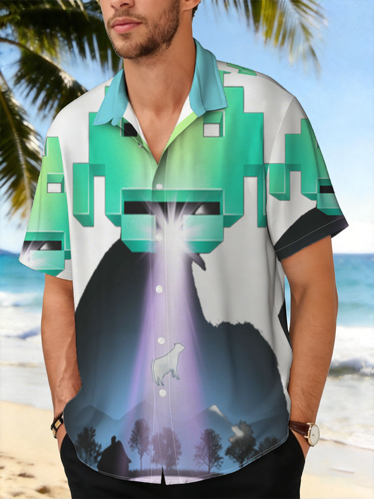 Alien Invader and Dog in Beam of Light -  Shirt