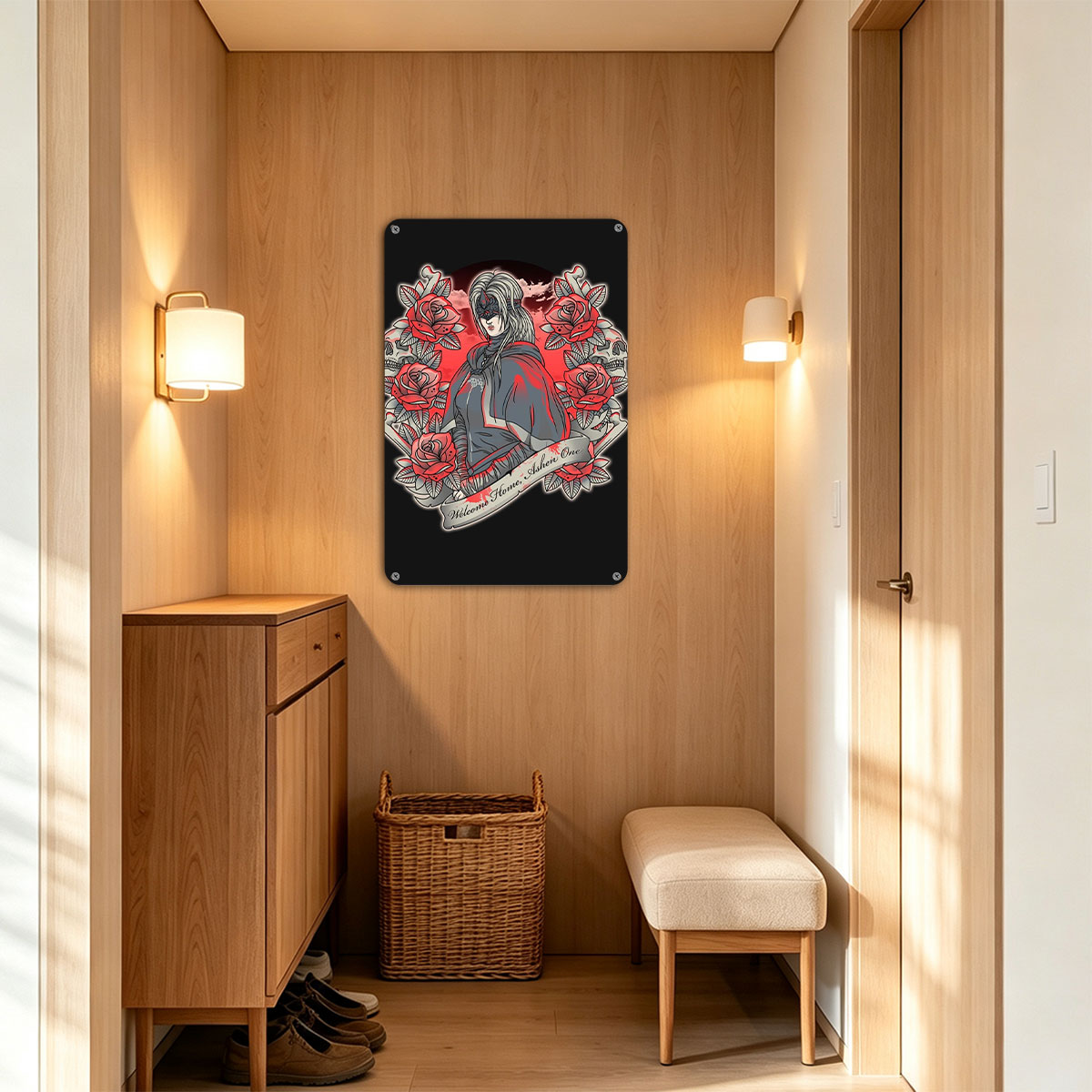 Welcome Home, Ashen One: A Mysterious Figure in a Red and Gray Cloak Surrounded by Roses and Skulls - painting