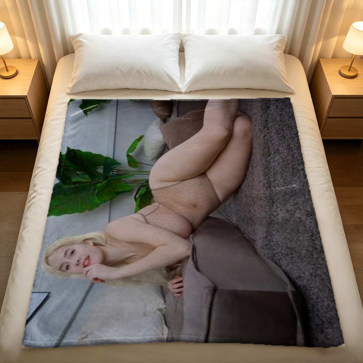 A beautiful woman in black lace lingerie posing seductively in a lavender field. - Blanket