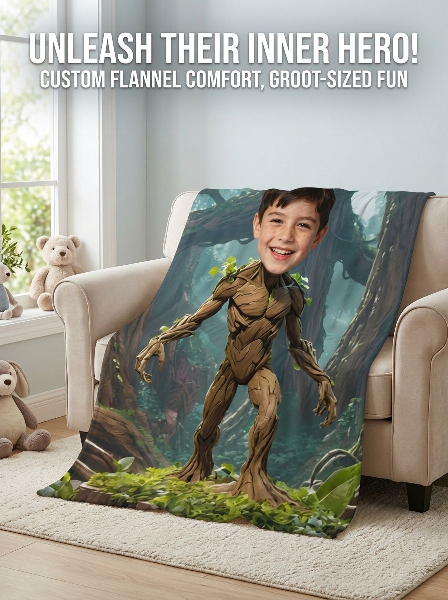 Custom Face Photo Flannel Blanket, Personalized Forest Tree Warrior Throw, Ultra Soft Fleece Cozy Gift for Bed and Sofa
