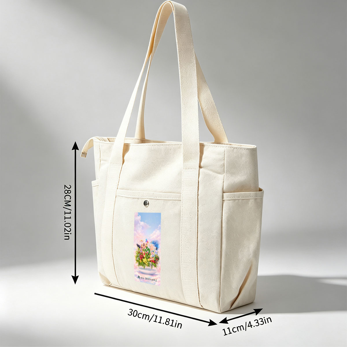 Mrs. GREEN APPLE Fantasy Garden Scene with Colorful Objects and Nature Elements on a Plate - Multi-pocket bags