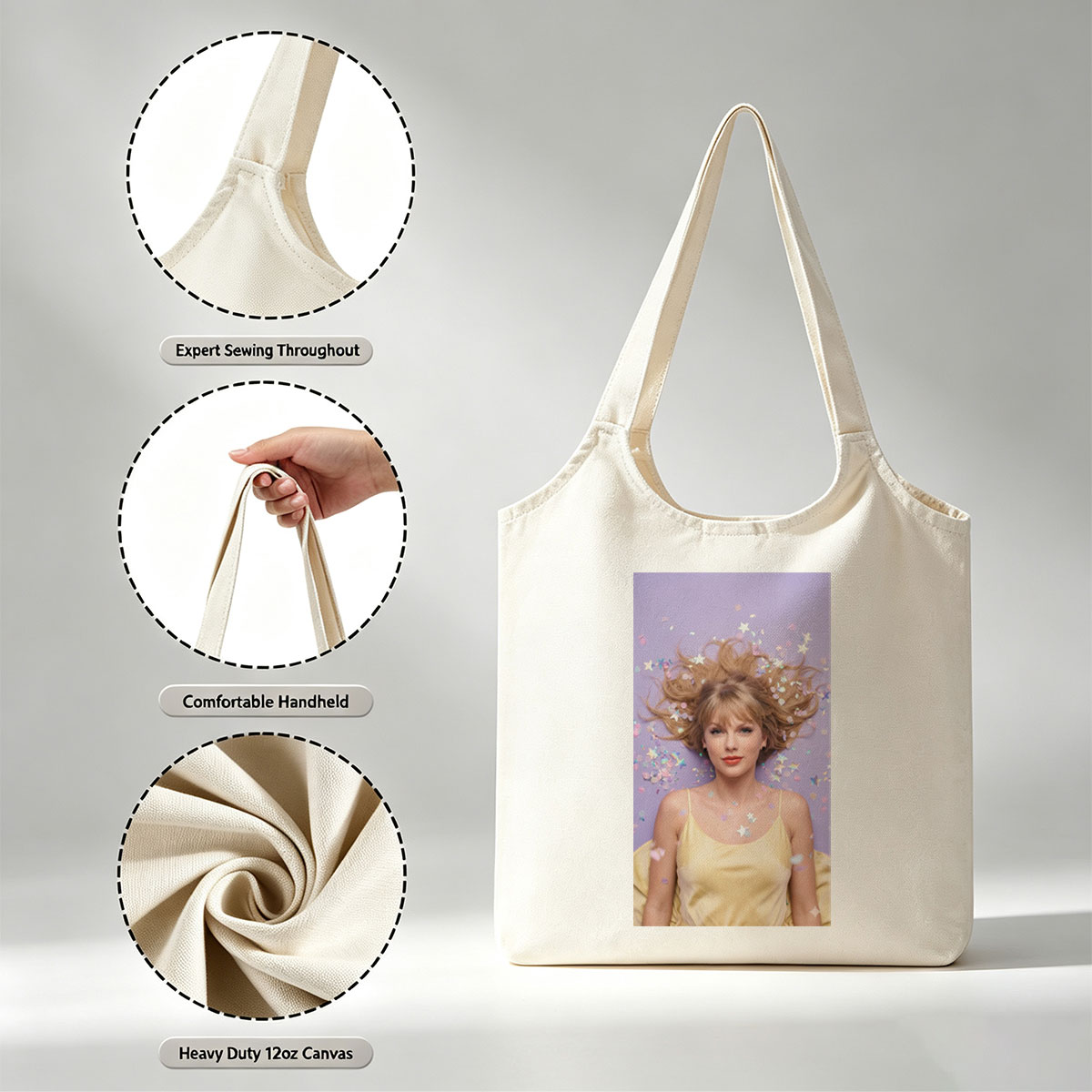 Taylor Swift Lying on Purple Background with Confetti and Stars Around Her Hair - Canvas shoulder bags/