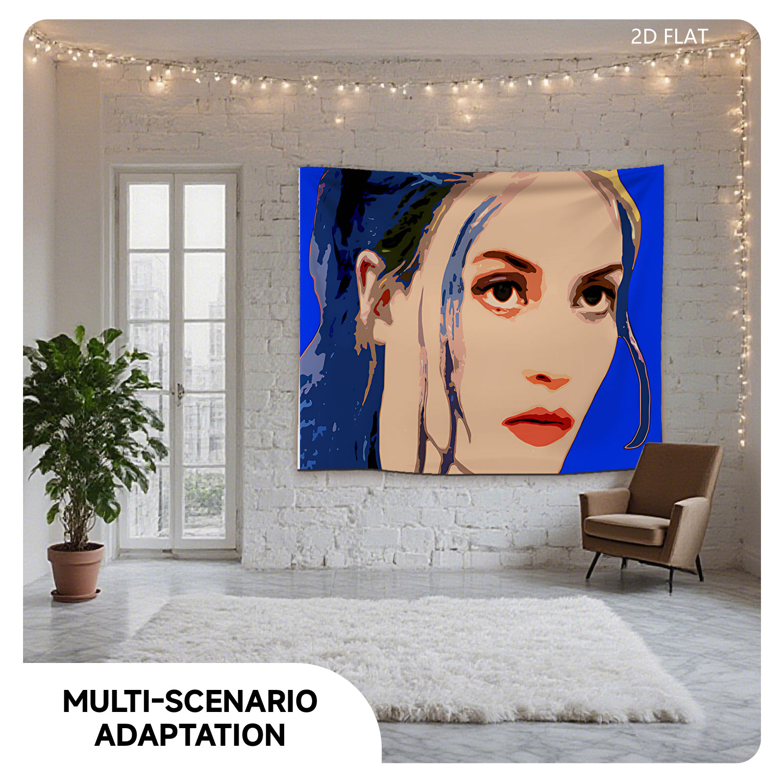 Portrait of a Woman with Blue Hair and Bold Colors - Tapestry