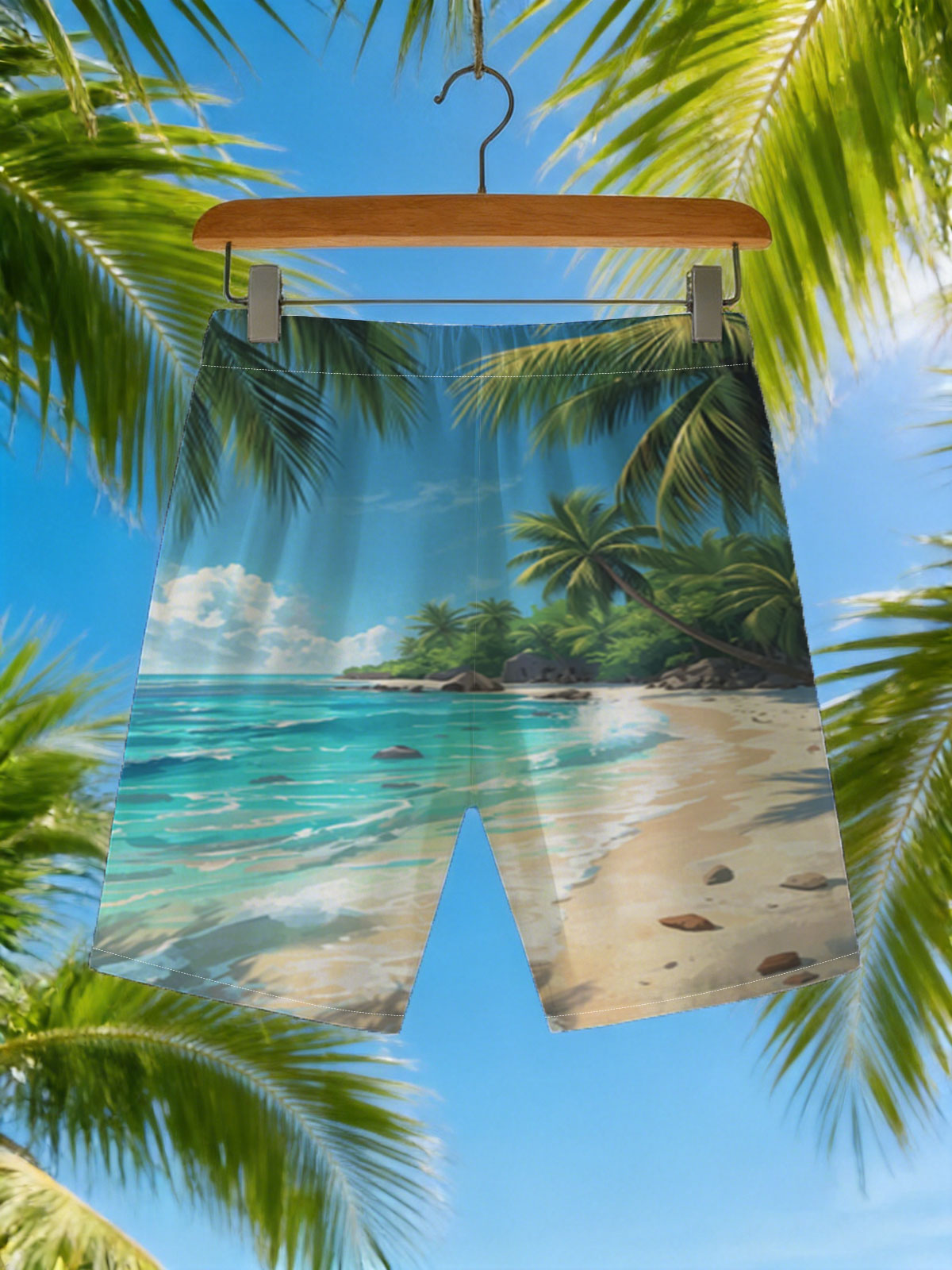 Tropical Beach with Palm Trees and Crystal Clear Water -  Beach shorts