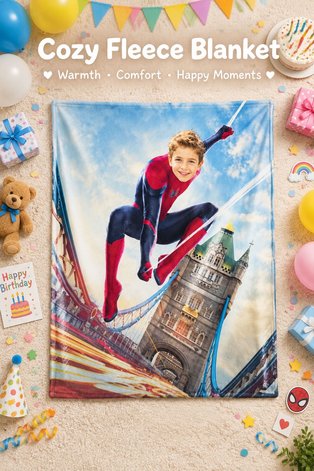 Personalized Superhero Photo Flannel Fleece Blanket Custom Face Portrait Throw for Kids Bed Couch Cozy Keepsake Gift