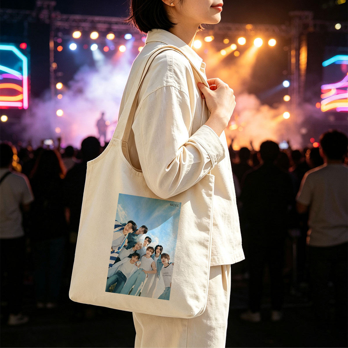 NACIFIC Band Members in Casual Outfits Posed Against a Bright Blue Sky - Canvas shoulder bags/