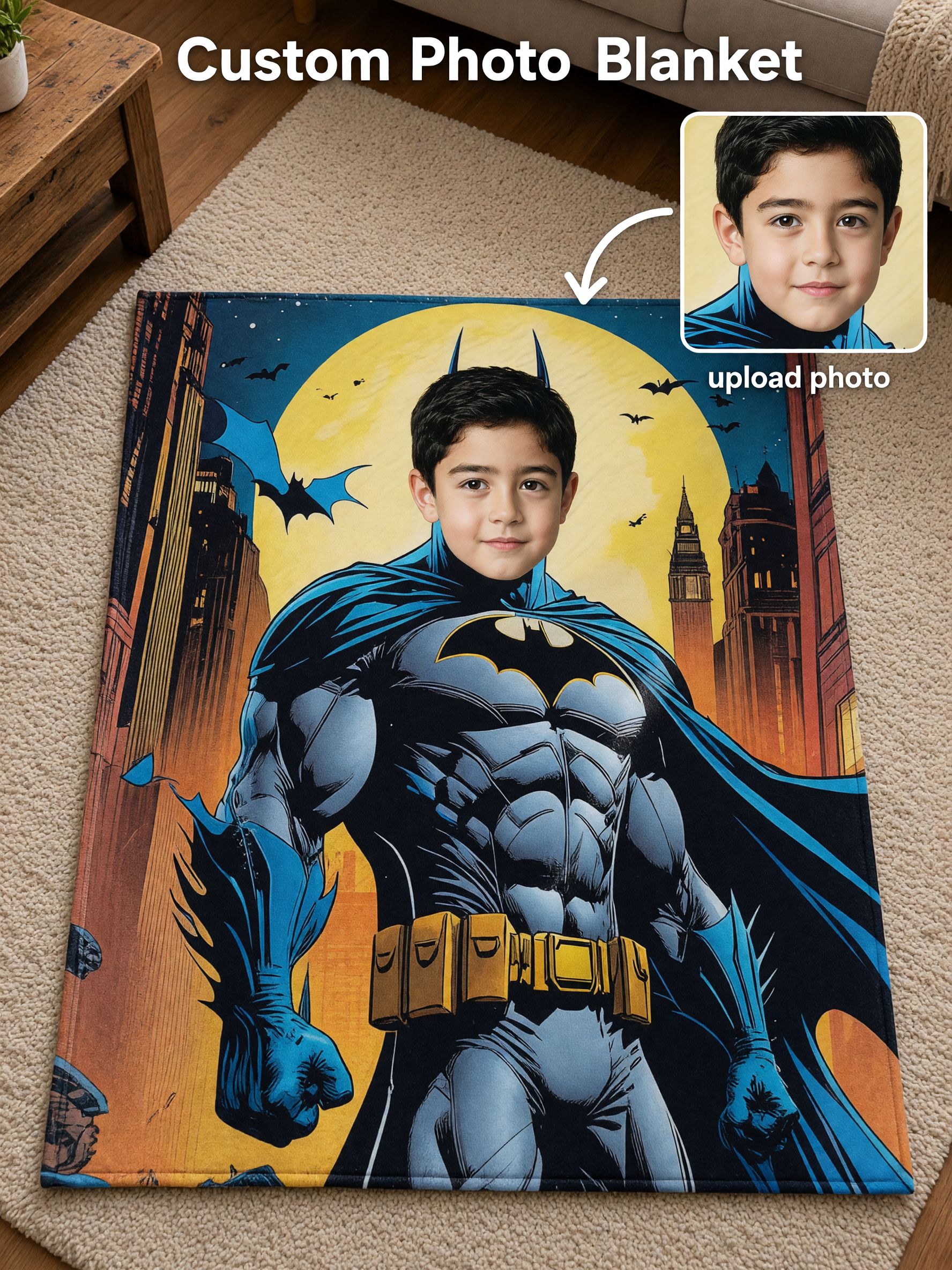 Custom Photo Superhero Face Blanket, Ultra Soft Flannel Fleece Throw, Ideal Personalized Gift for Kids and Comic Fans