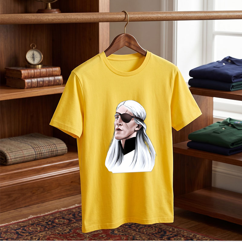 White-Haired Man with Eye Patch, Long Hair, Dark Clothing, Profile View - Tee