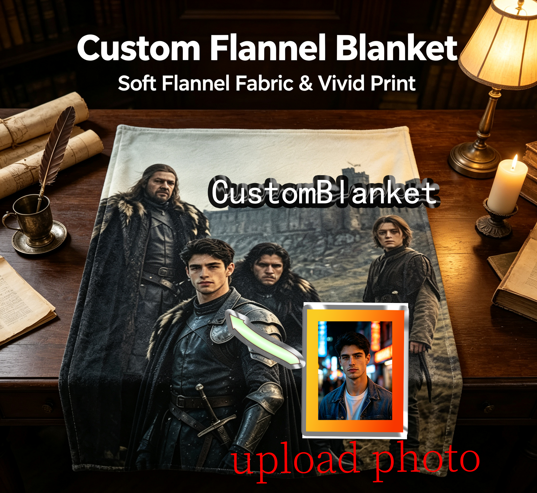 Custom Face Blanket Game of Thrones Inspired Flannel Blanket for Couch, Bed, or Travel – Perfect Gift for Fans and Cosplay Enthusiasts