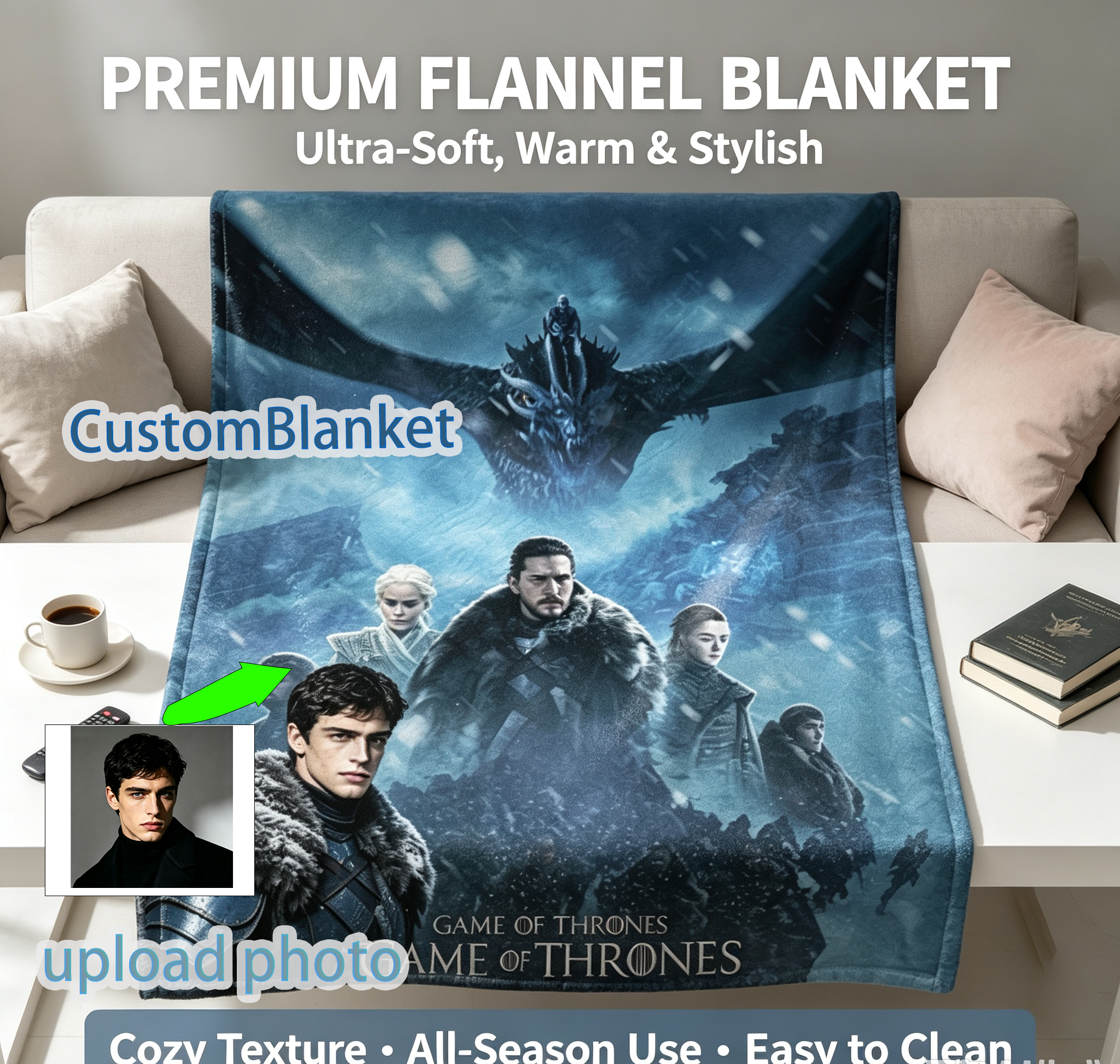 Custom Face Blanket Game of Thrones The Great War Flannel Blanket Winter Warfare Theme Gift for Fans and Collectors
