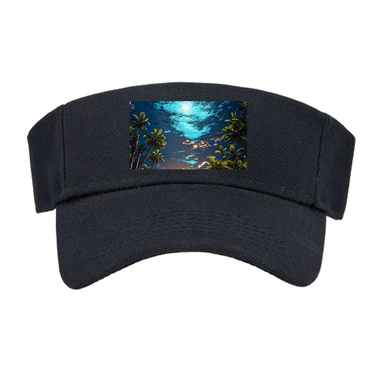 Man stands on water under surreal sky, surrounded by palm trees at twilight -  Visor cap