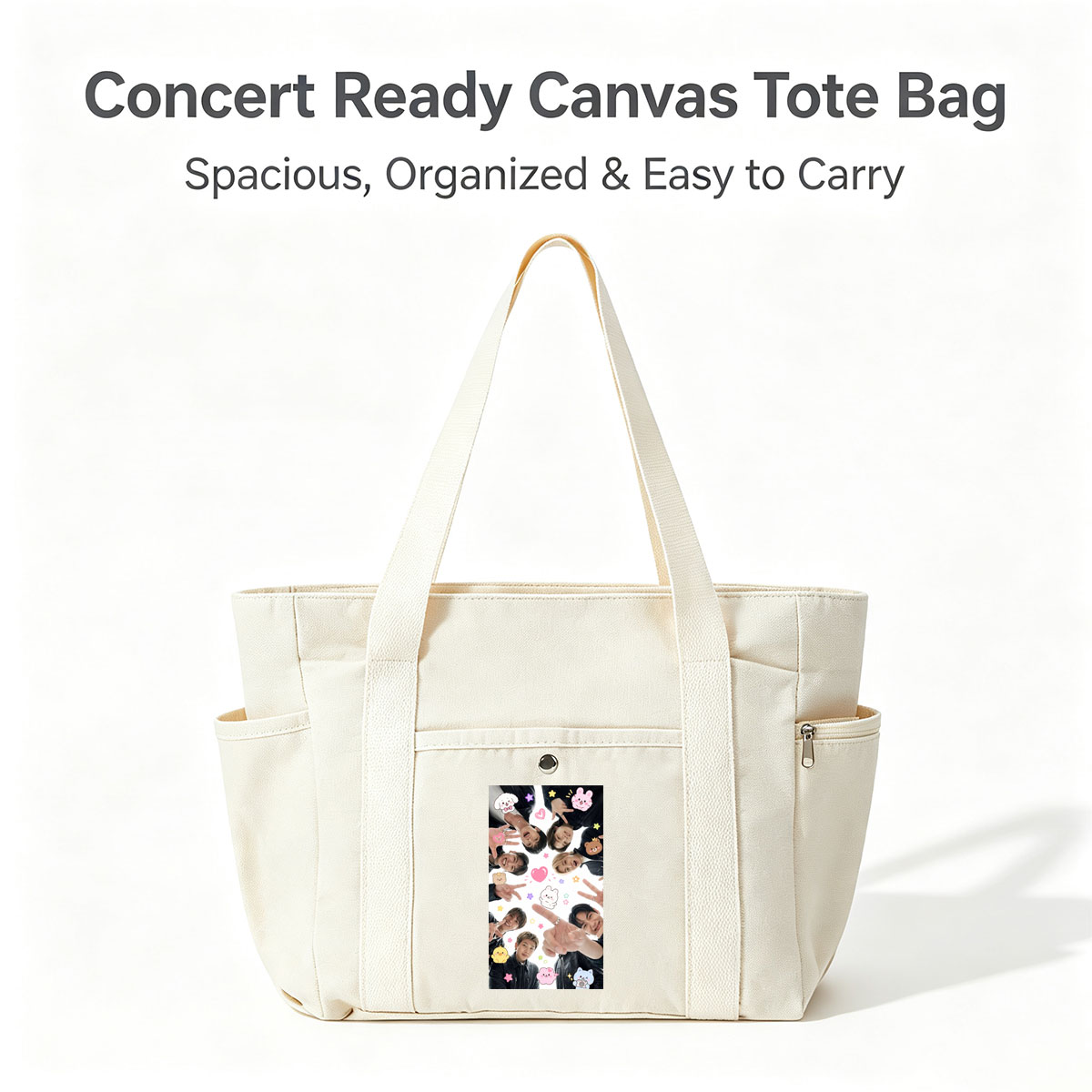 BTS Members in a Circle with Cute Stickers and Peace Signs - Multi-pocket bags