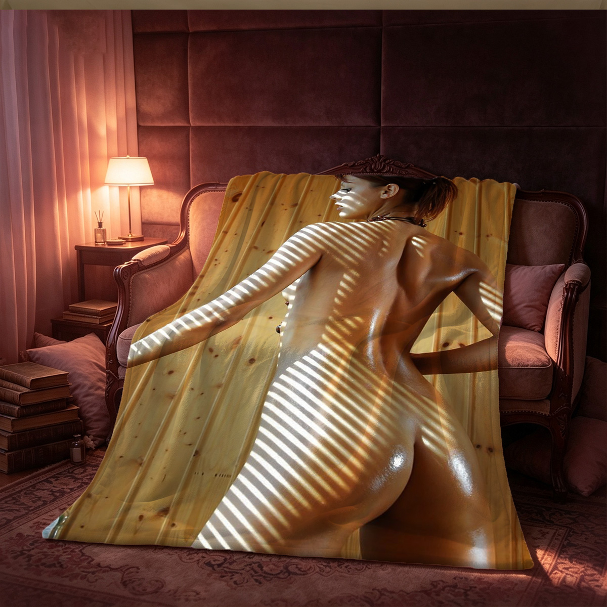 Nude Asian Woman in Black Thong Holding High Heel Shoe on Her Breast in Bedroom - Blanket
