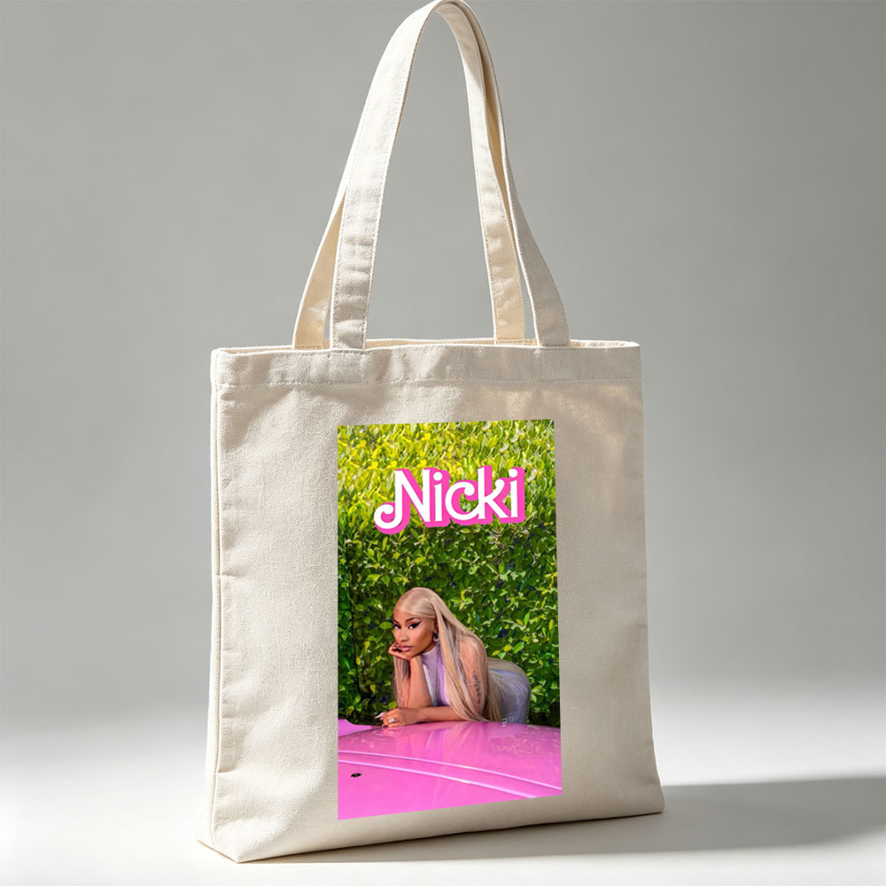 Nicki Minaj Leaning on Pink Car in Front of Green Hedge Wall - Canvas tote bags