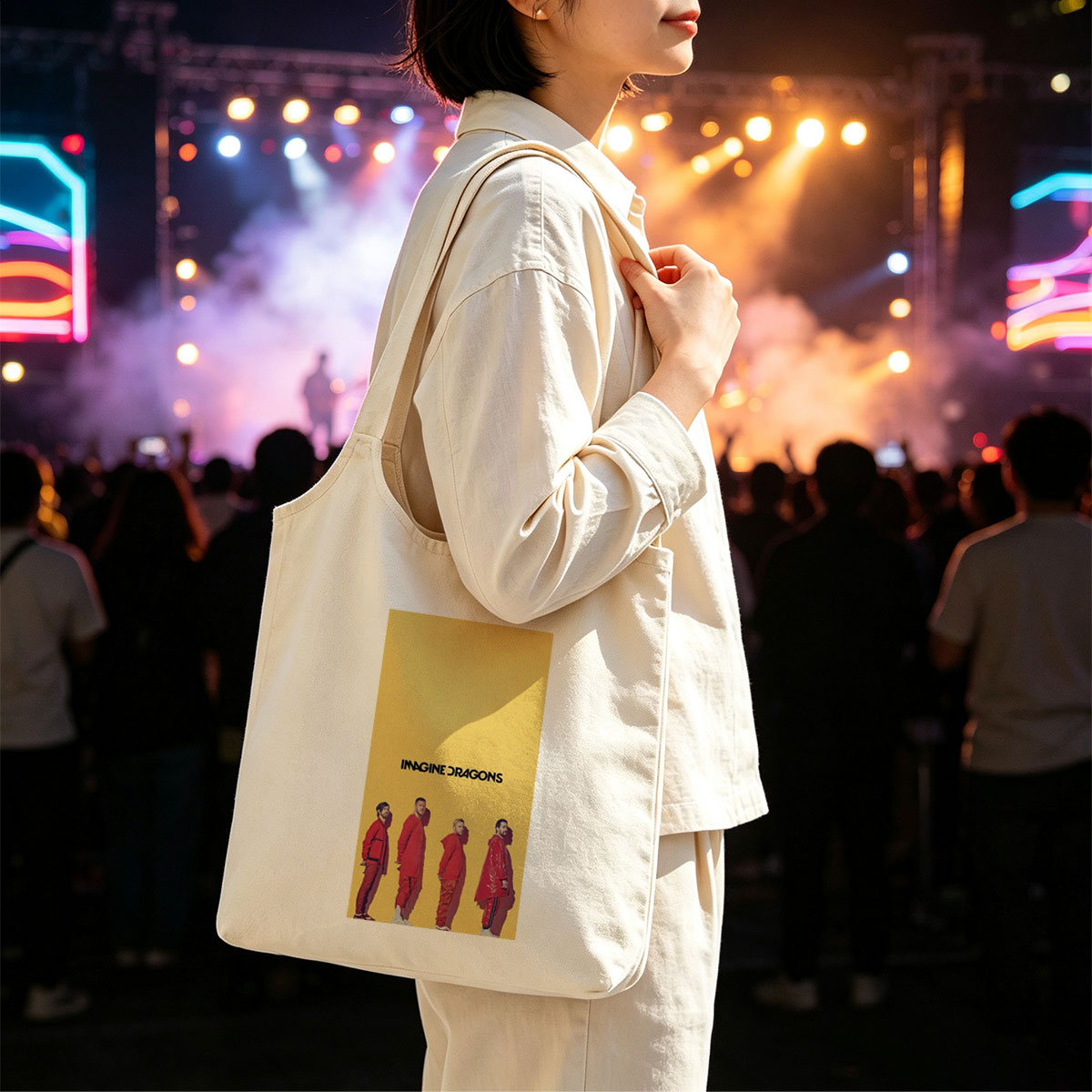 Imagine Dragons Standing in Red Outfits Against a Yellow Background - Canvas shoulder bags/