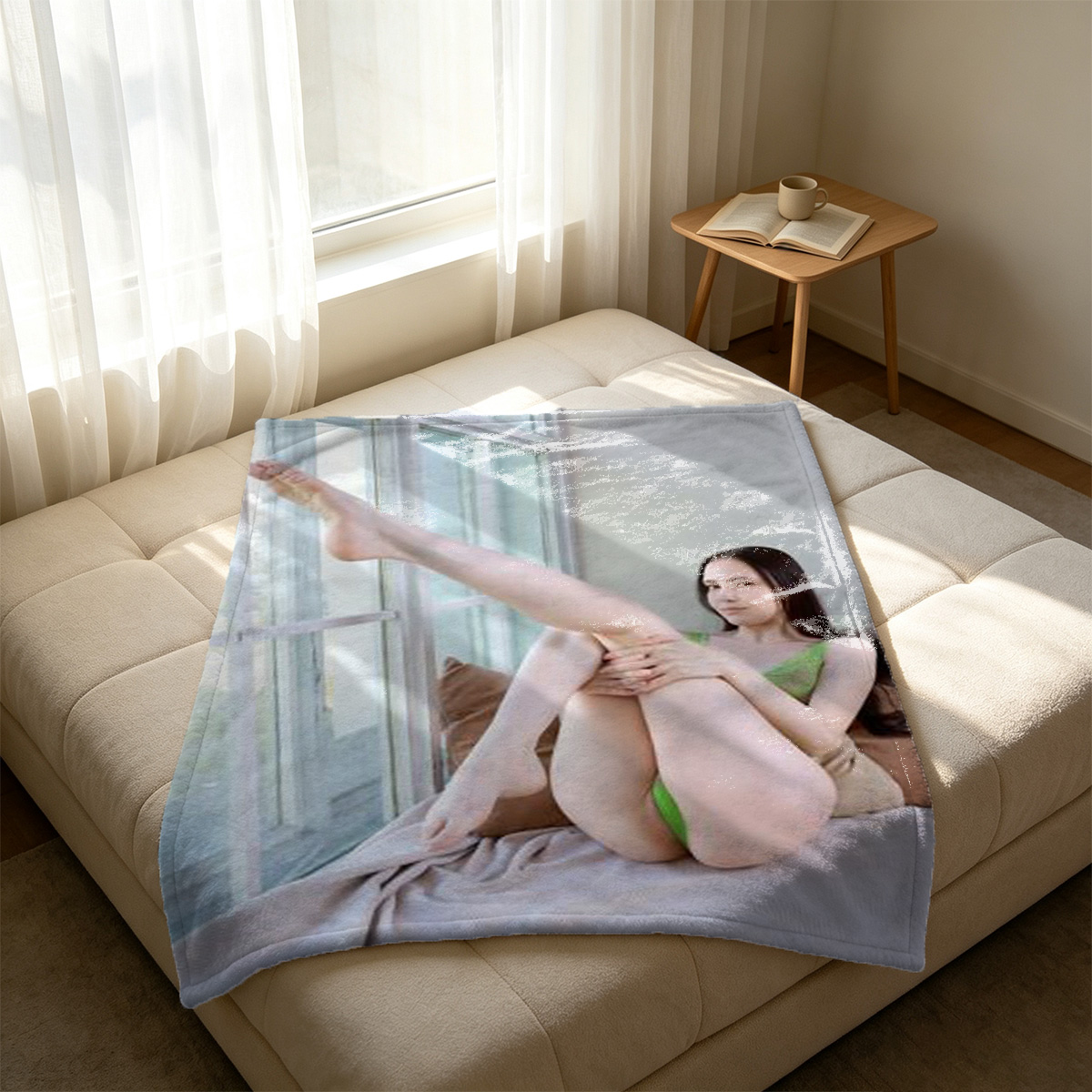 Nude Woman with Heart Lollipop and Red Mask Lingerie by Window - Blanket