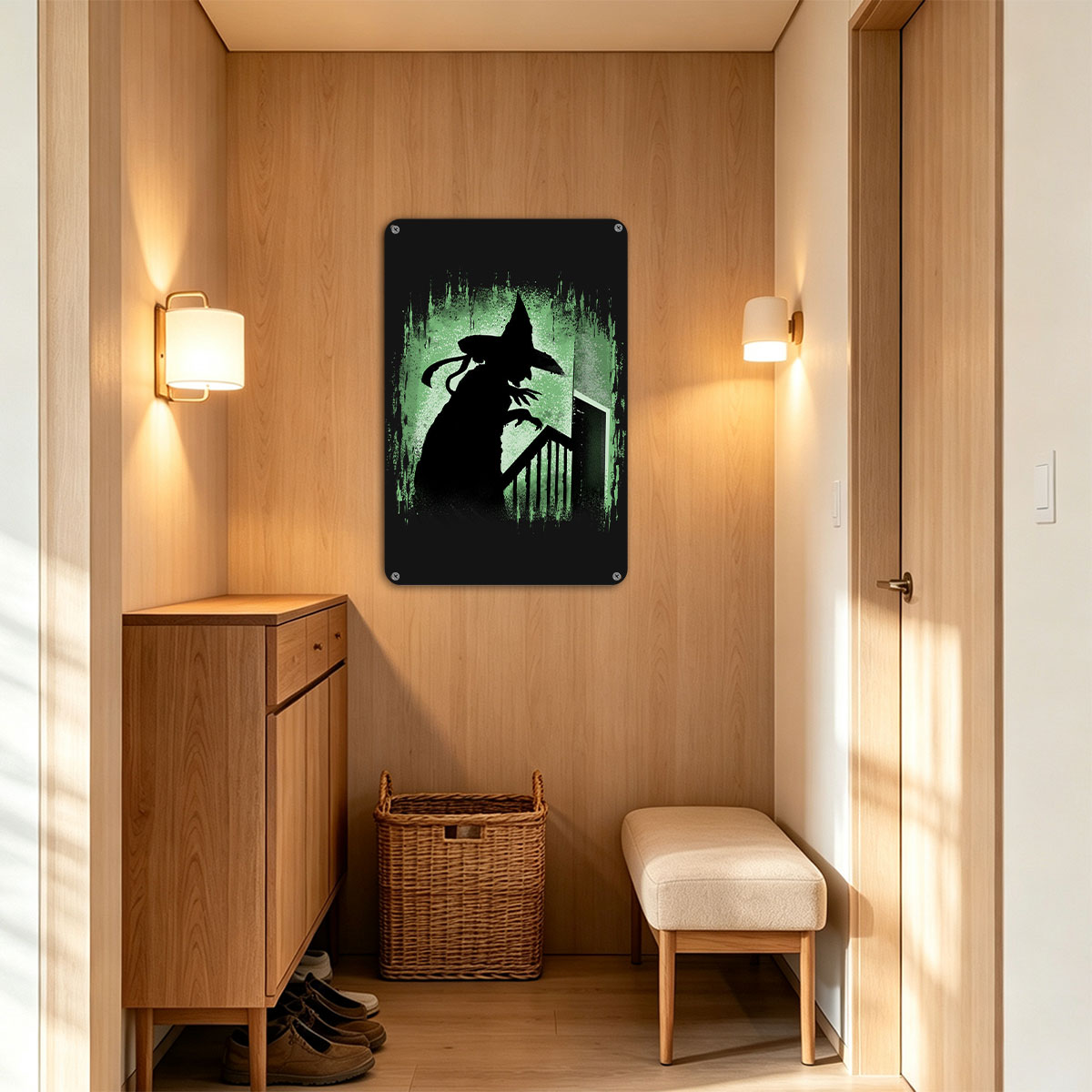 Silhouette of a Witch on Stairs in Green Glow - painting