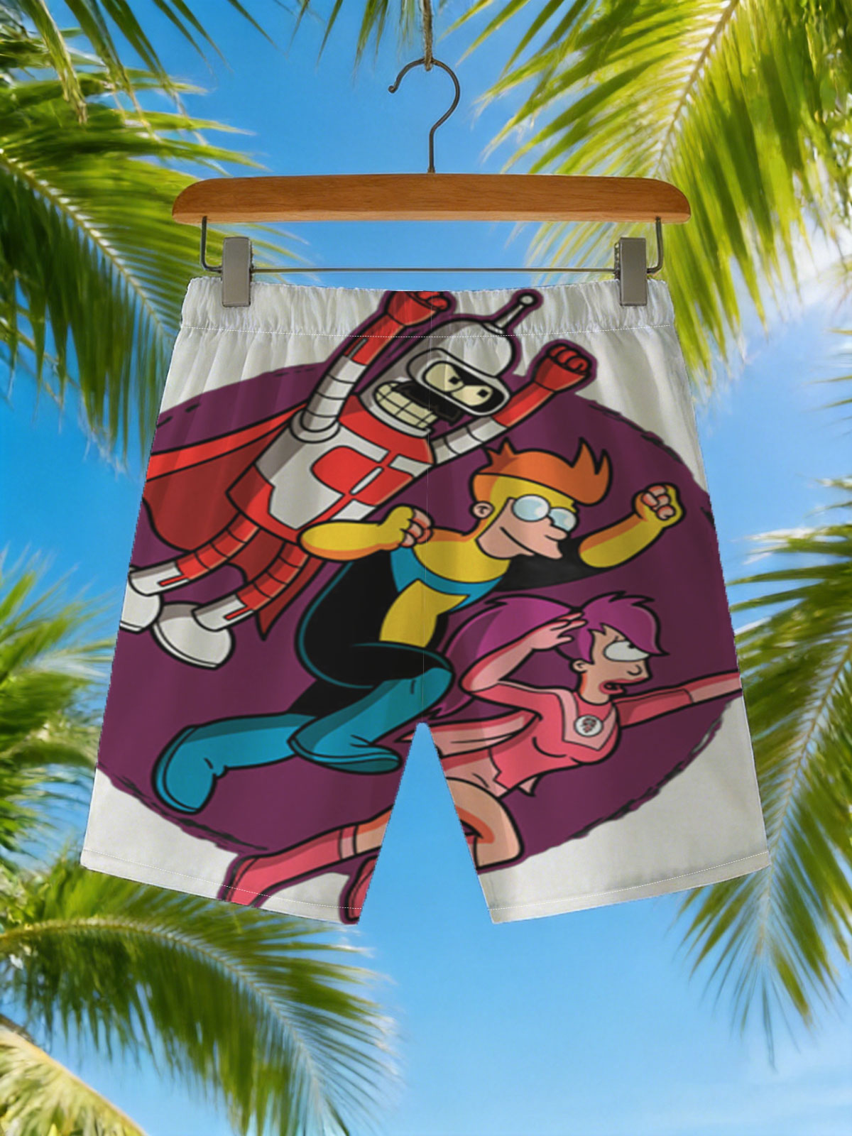 Futurama Characters: Bender, Fry, and Leela in Action Pose -  Beach shorts