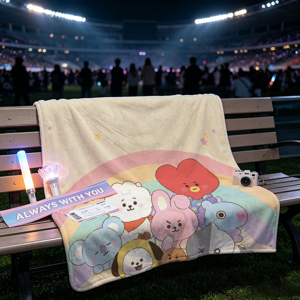 BT21 Characters Gathering Under a Rainbow in a Cute Pastel Scene - Blankets