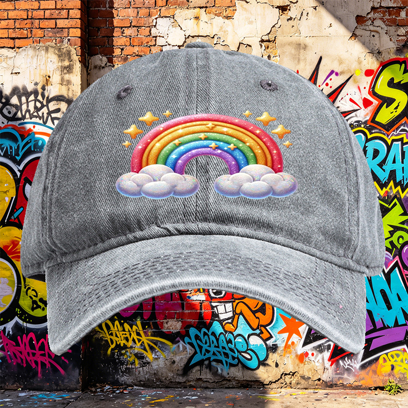 Unisex Classic Washed Cap Rainbow Clouds Print - Perfect for Casual Outings, Beach, and Daily Wear - Ideal for Youth and Adults Seeking Fun, Colorful Style