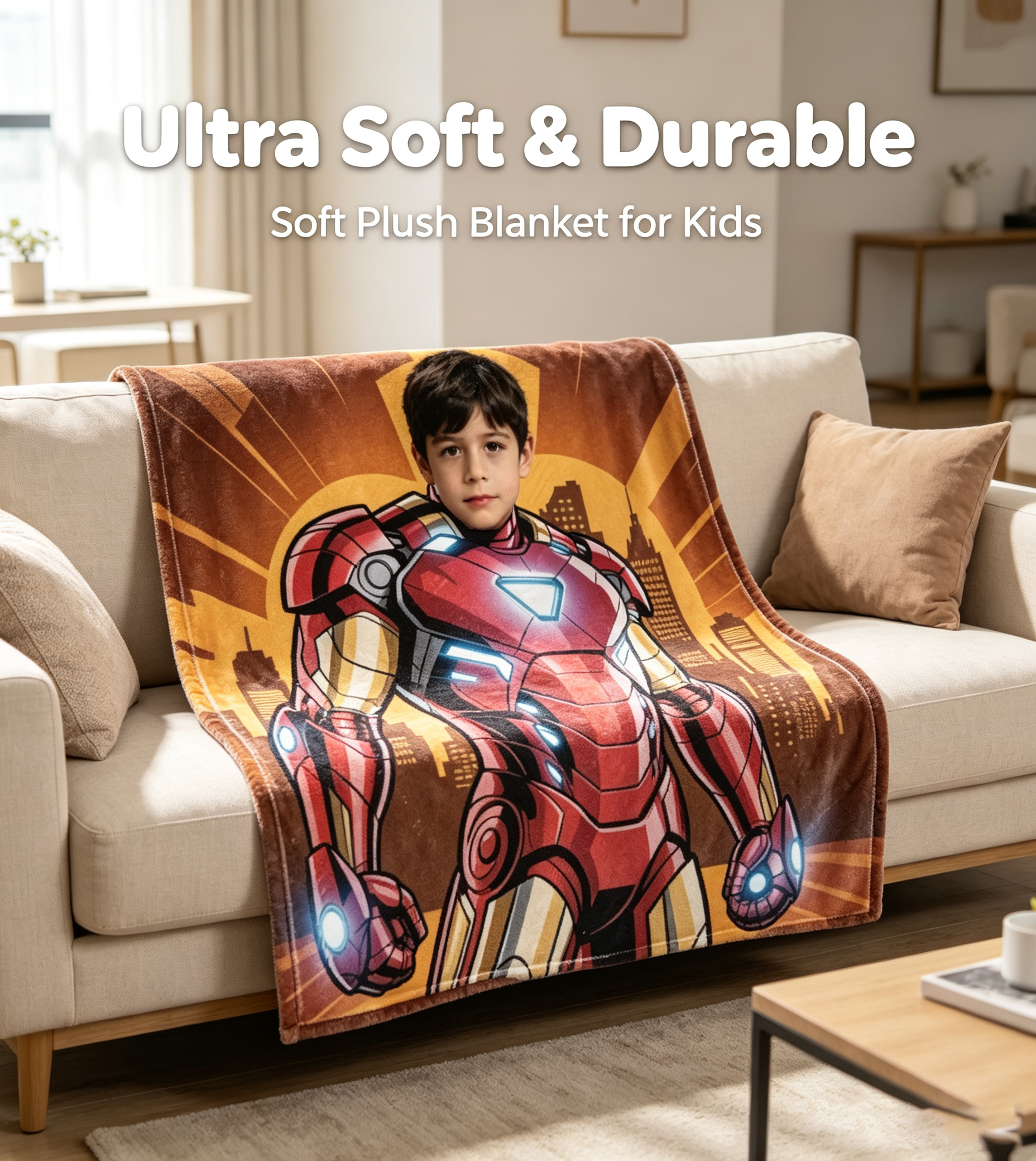Custom Face Superhero Blanket for Boys, Personalized Soft Flannel Throw Blanket with Child Photo, Custom Hero Theme Birthday Christmas Gift for Kids