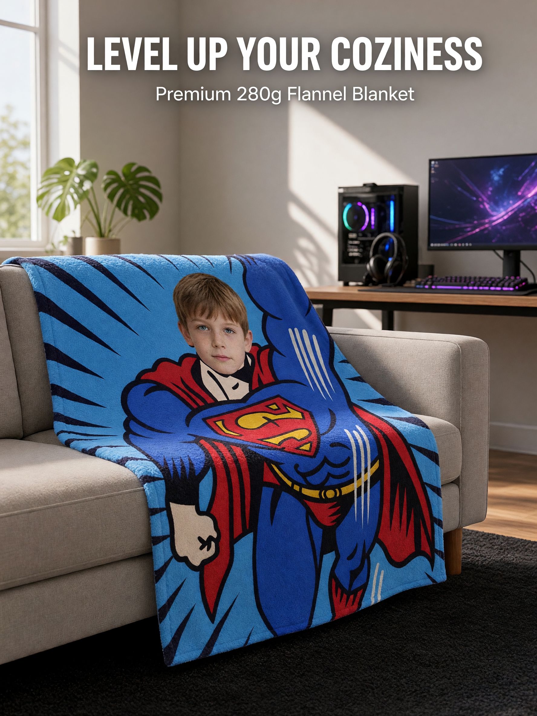 Personalized Superhero Face Photo Blanket, Custom Comic Throw Blanket for Kids and Adults, Cozy Plush Keepsake Gift