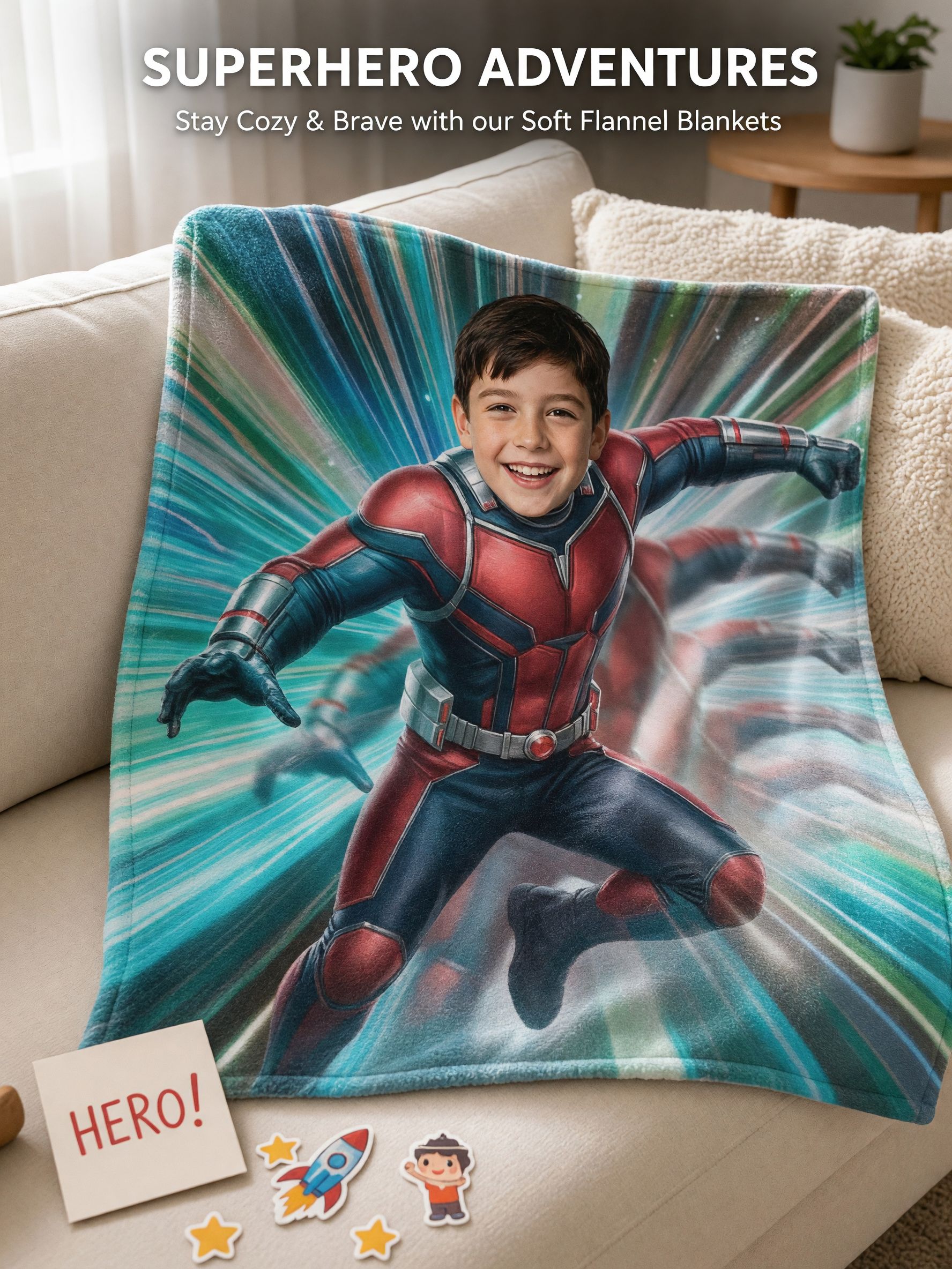 Custom Photo Superhero Flannel Blanket Ultra Soft Personalized Face Throw for Bed Couch and Cozy Gifting