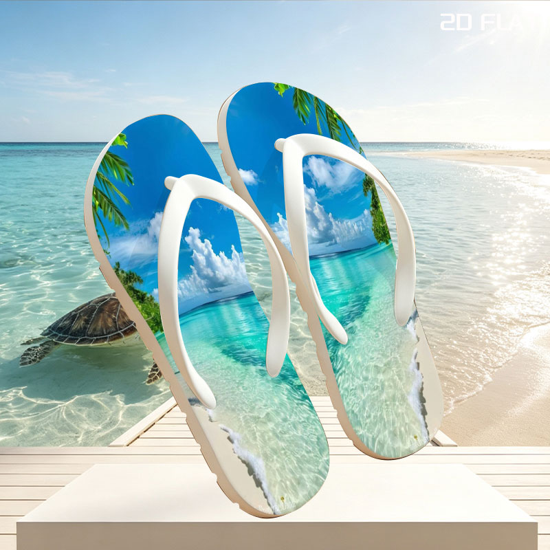 Tropical Beach with Crystal Clear Waters and Palm Trees -  flip-flops