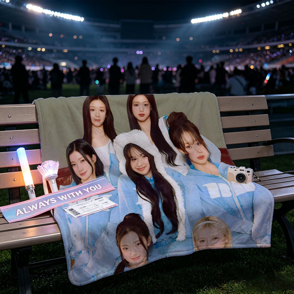 BABYMONSTER Group Photo in Matching Blue Outfits with Furry Hoodies and Minimalist Background - Blankets