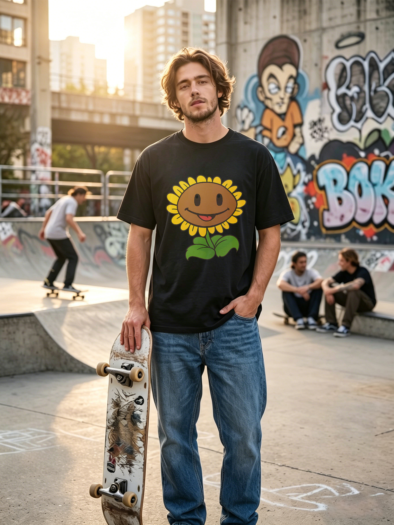 Men's Printed T-Shirt Sunflower Face Design Happy Smile Graphic Casual Round Neck Summer Lightweight Breathable Short Sleeve Tee for Outdoor Activities and Daily Wear Adults