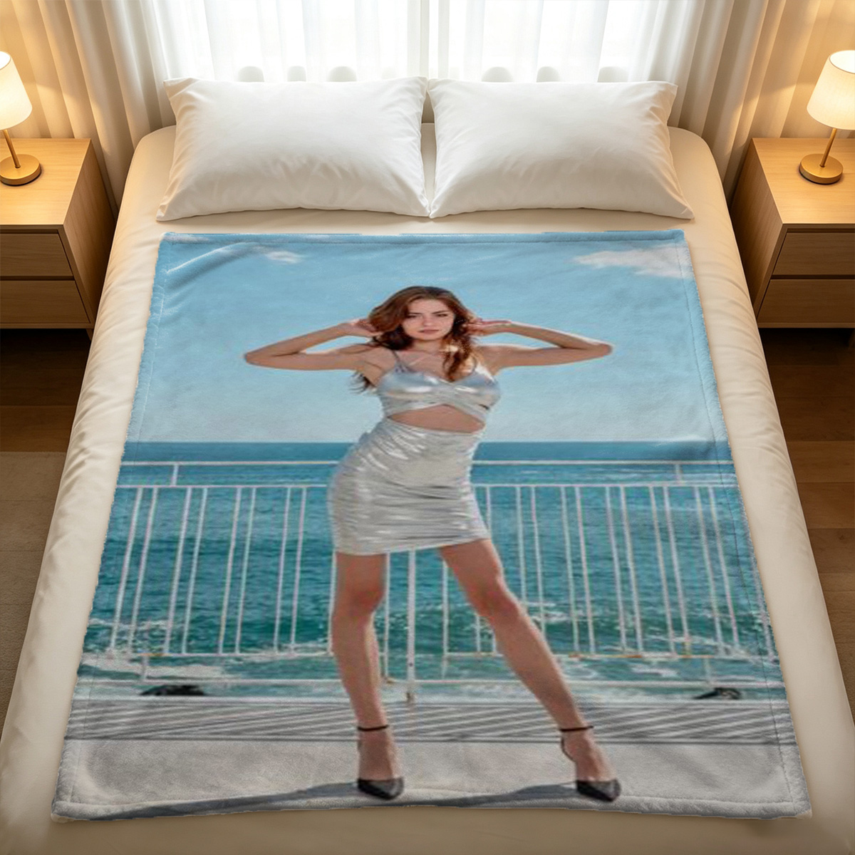 Blonde woman in striped one-piece swimsuit posing indoors - Blanket