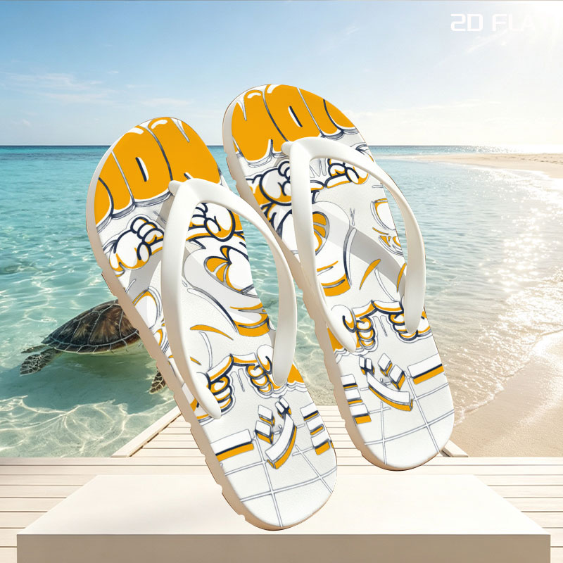 Fusion-Ha: Two Cartoon Characters in Dynamic Pose with Japanese Text and Palm Trees Background -  flip-flops