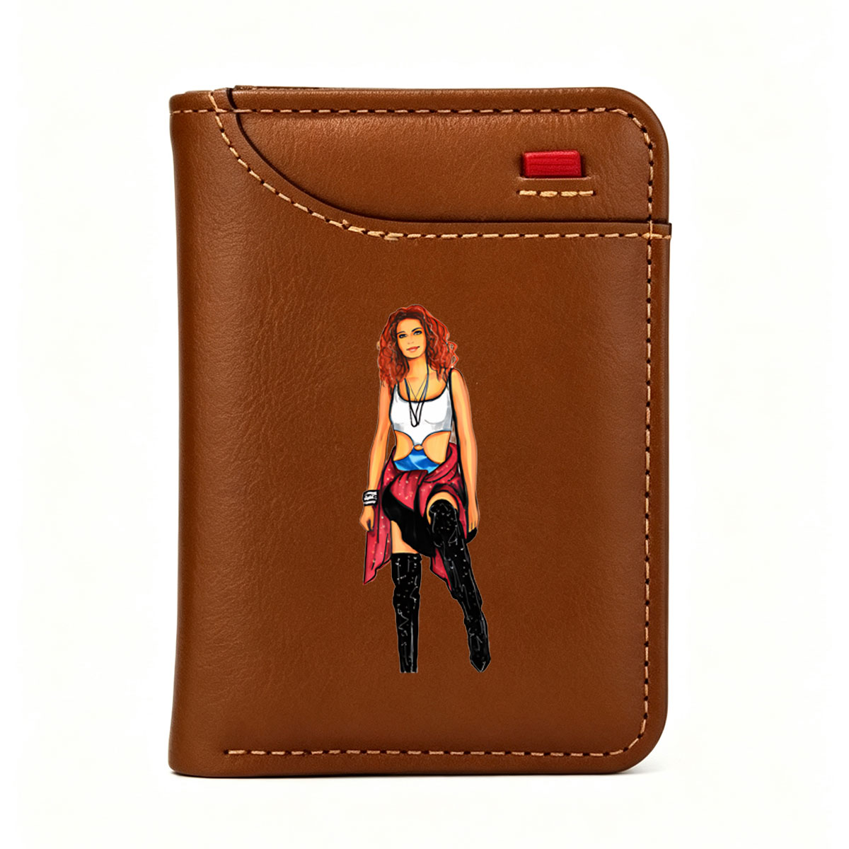 Red-Haired Woman in White Top and Red Skirt with Black Boots - Vertical Style Wallet