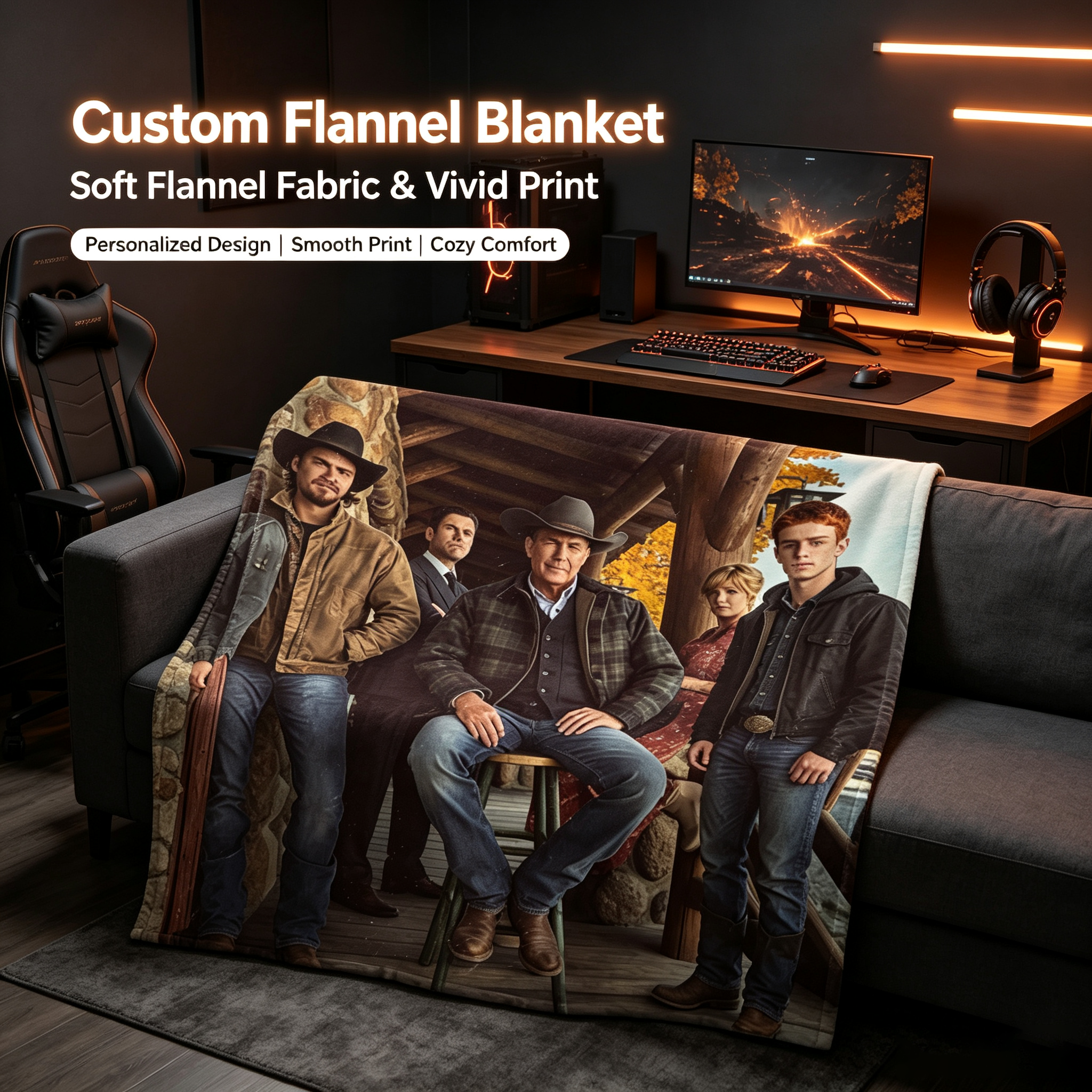 Custom Face Blanket Western Ranch Family Portrait Flannel Blanket Cozy Cabin Decor Gift for Cowgirl and Cowboy Fans