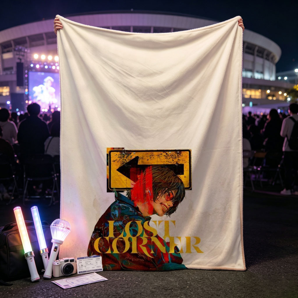 Lost Corner Artist in Colorful Jacket with Arrow Sign and Text Overlay - Blankets