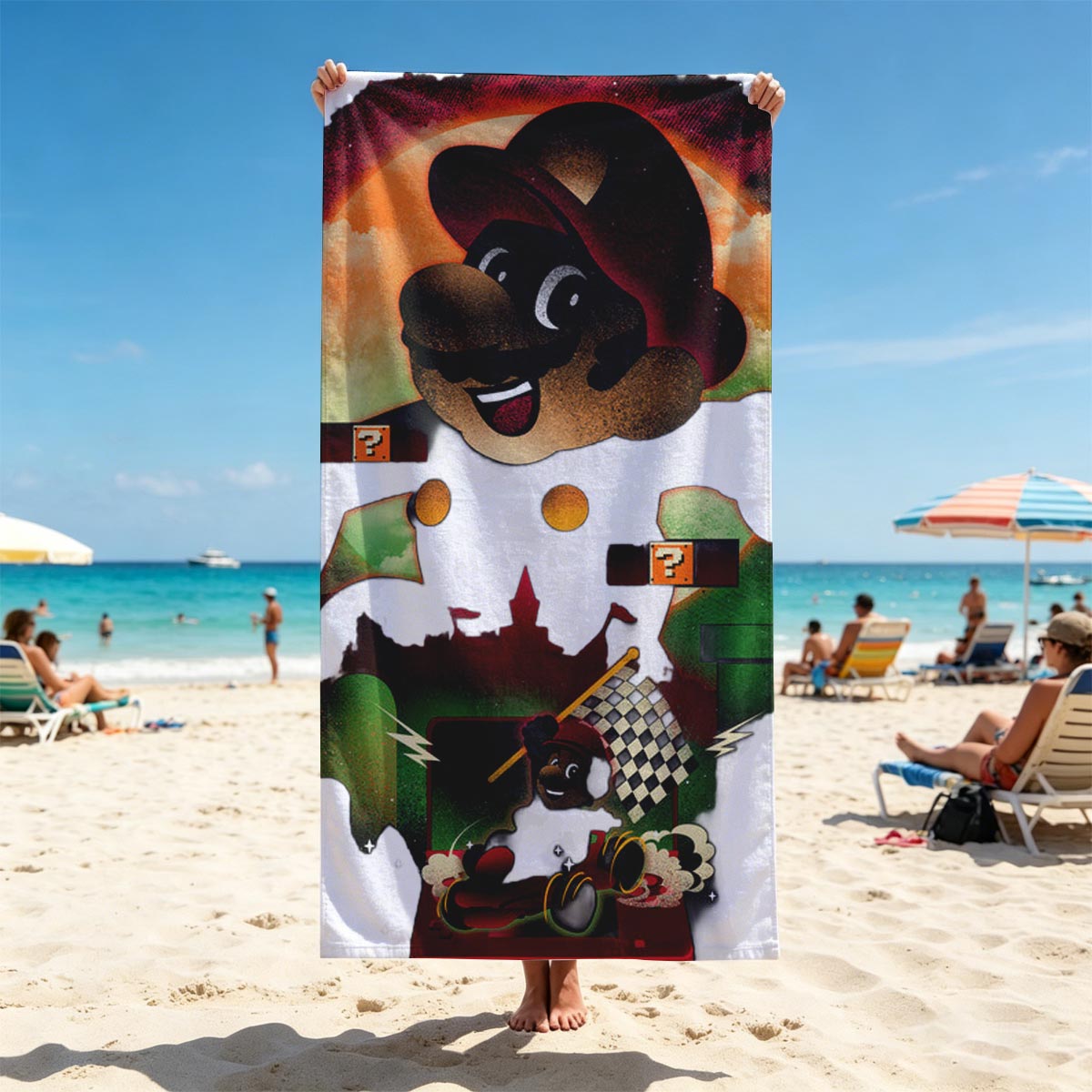 Mario and Luigi in a spooky adventure with question blocks and a checkered flag - Beach towels