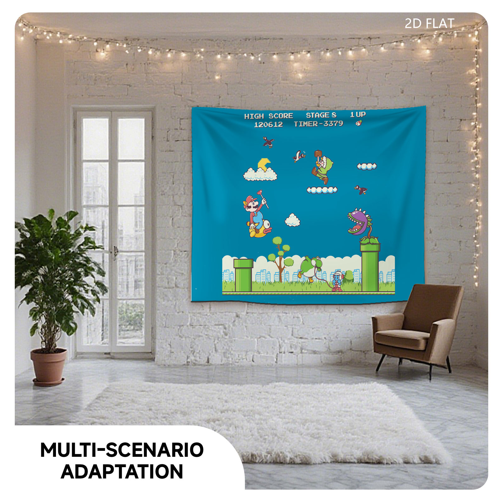 Mario, Yoshi, and Koopa in a vibrant platformer scene with high score and stage details - Tapestry