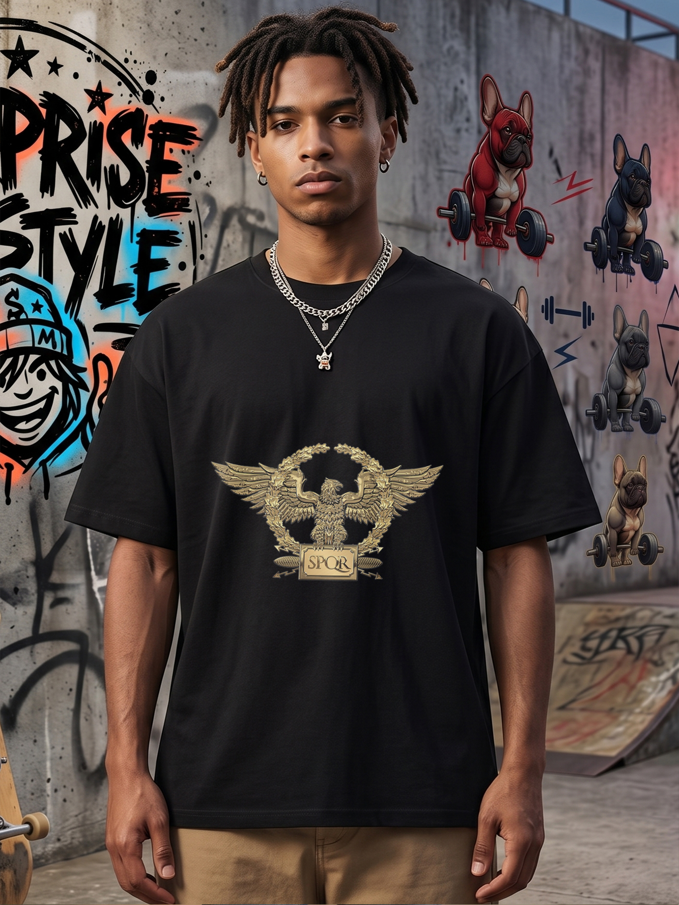 Men's Printed T-Shirt with Golden Eagle SPQR Emblem Design Casual Round Neck Summer Lightweight Breathable Short Sleeve T-Shirt for Outdoor Activities and Everyday Wear Adults