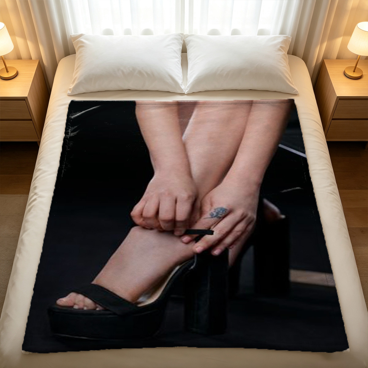 Sultry Cat-Ear Maid in Black Lingerie on Couch - Blanket