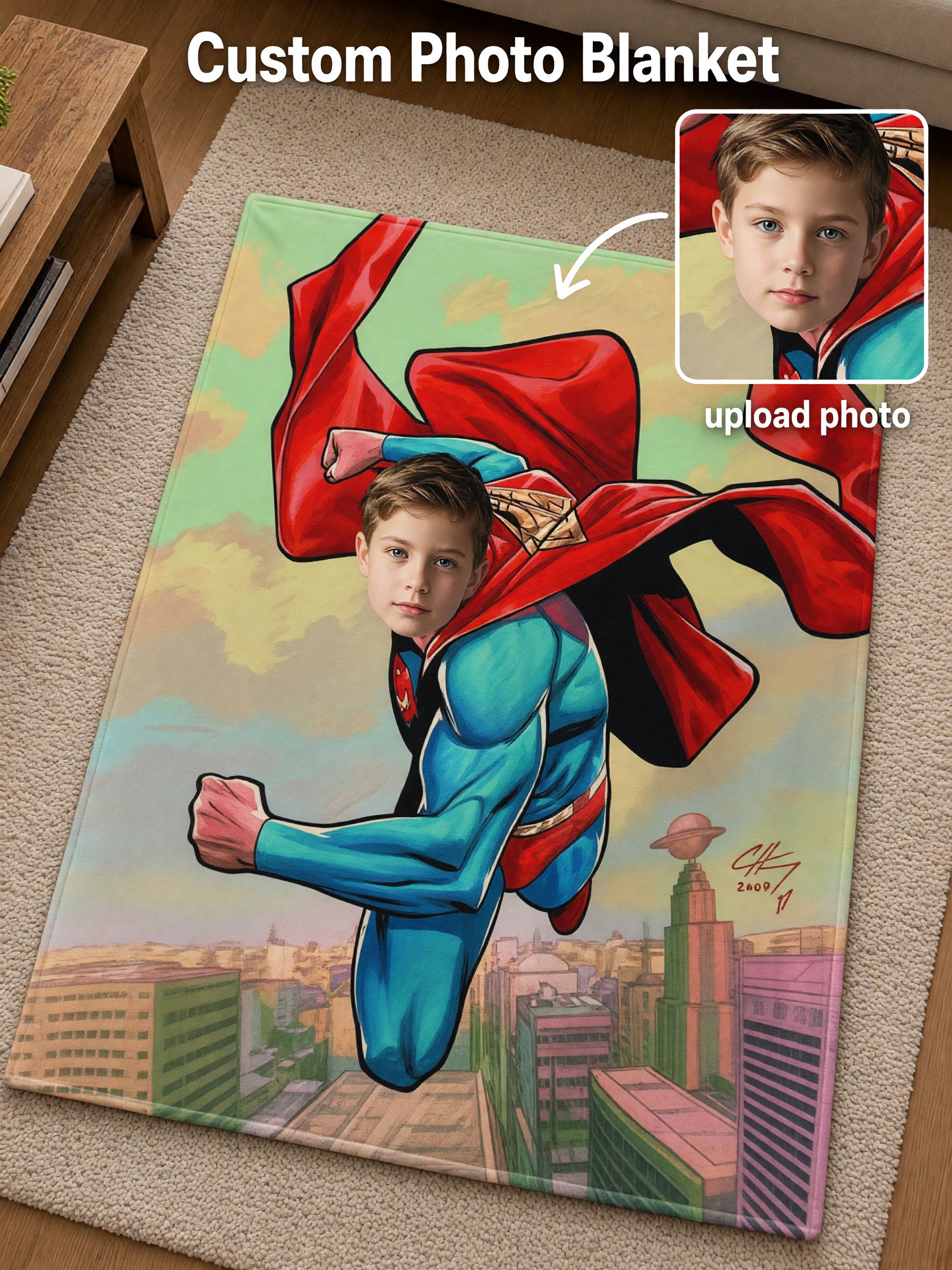Custom Superhero Photo Face Blanket, Soft Flannel Fleece Throw, Ideal Personalized Gift for Kids and Family