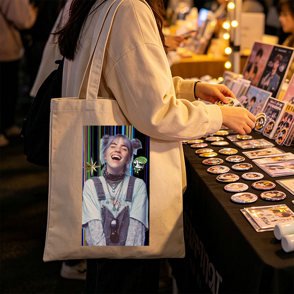 Billie Eilish Laughing in Overalls with Colorful Background and Cartoon Character Overlay - Canvas tote bags
