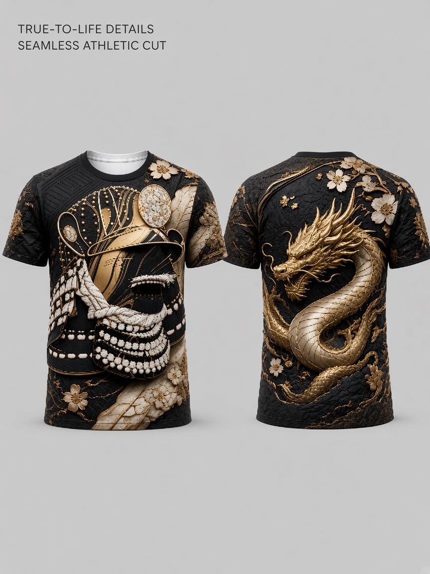 Gold Samurai Dragon 3D Optical Illusion Graphic Tee Breathable Athletic Mesh T-Shirt Casual And Sports Wear