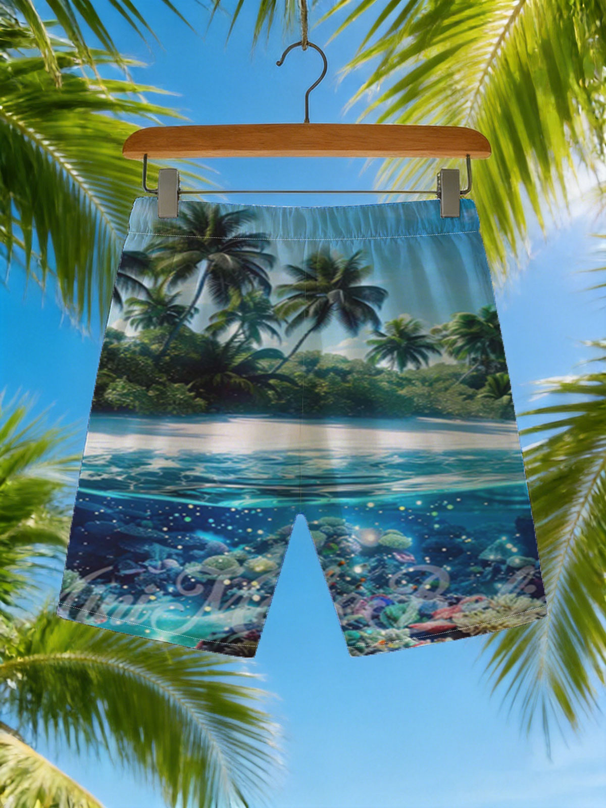 Tropical Paradise with Vibrant Coral Reef and Palm Trees -  Beach shorts