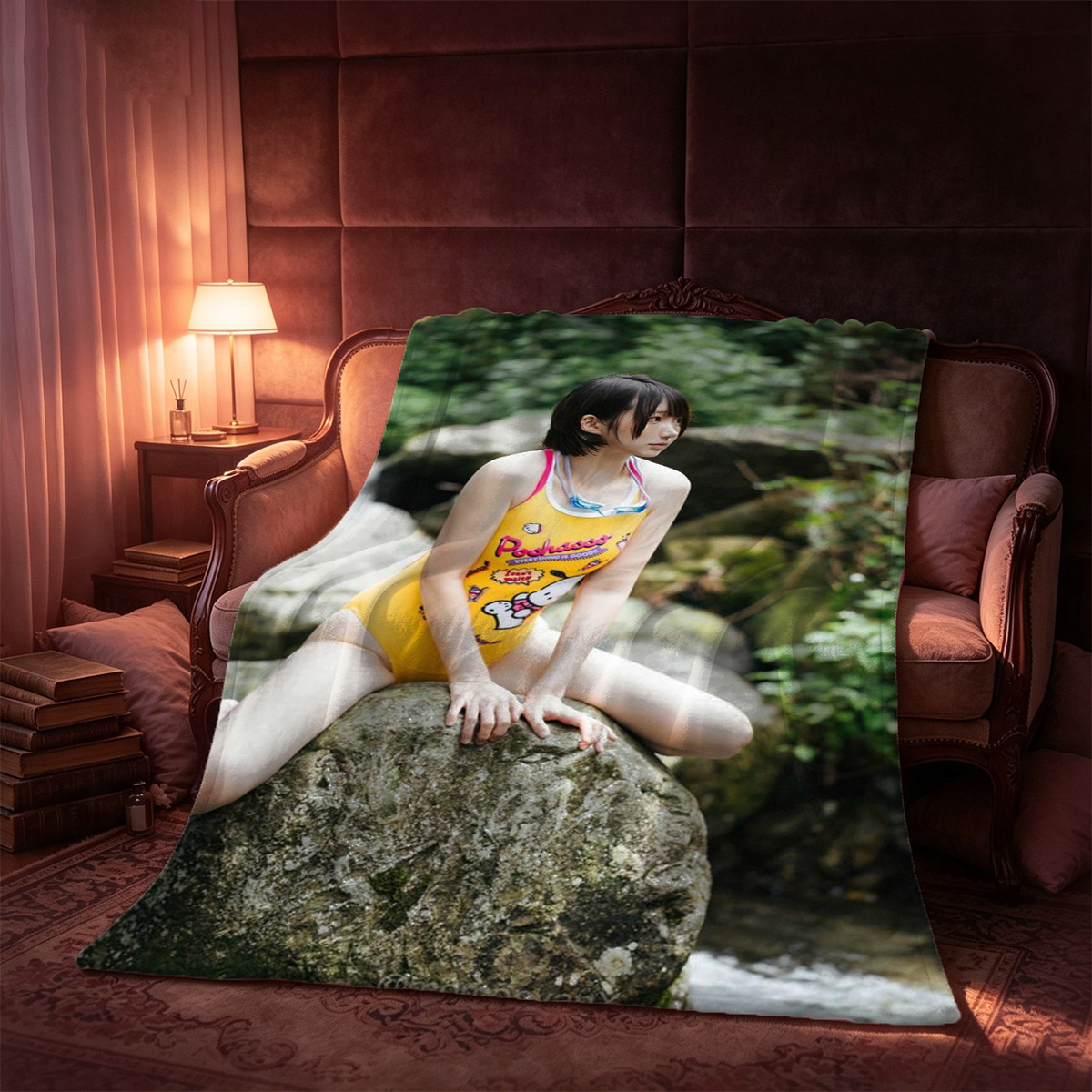 A beautiful Chinese model in a white feathered headdress and micro thong posing seductively by a door. - Blanket