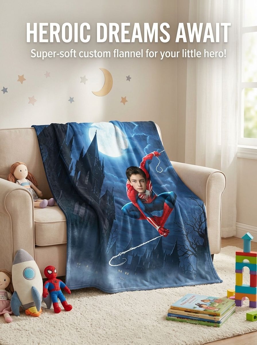 Custom Face Superhero Flannel Blanket, Personalized Photo Throw for Kids Bedroom Couch, Cozy Keepsake Hero Gift