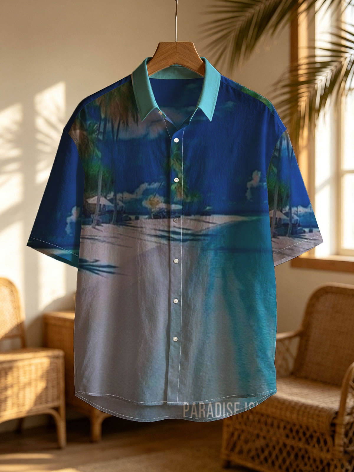Serene beach with palm trees and turquoise waters under a clear blue sky. -  Shirt